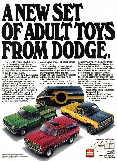 Publicité pour quatre camionnettes Dodge, présentées comme des « jouets pour adultes »