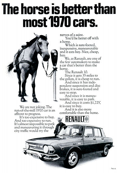 Publicité américaine pour la voiture Renault 10, comparant ses mérites à ceux d'un cheval